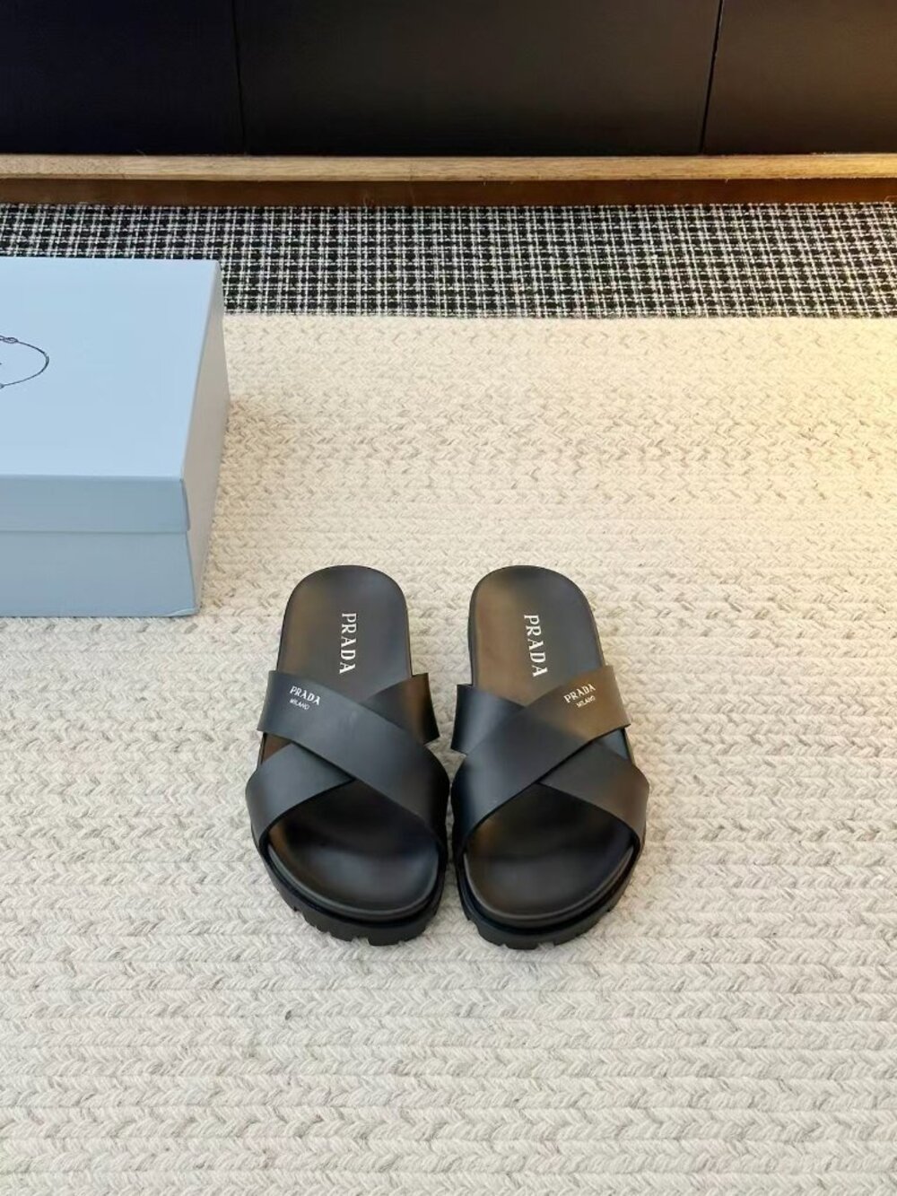 Prada Black Cross Strap Printed Logo Slip On Flat Slide Sandals